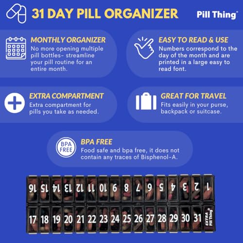 Image of Once-a Day Monthly Pill Organizer Removable Lid for Easy Loading - Large Compartment Pill Box Medications for Entire Month Plus a Compartment for Extra Pills BPA Free