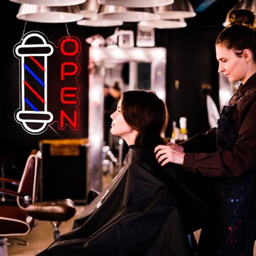 Image of Barber Shop Neon Signs for Wall Decor Open Neon Lights for Bedroom Led Signs Suitable for Barber Shops Hair Salon Art Unique Gift for Hairdresser 10.2 * 16.1 Inch(Red + Blue + White)