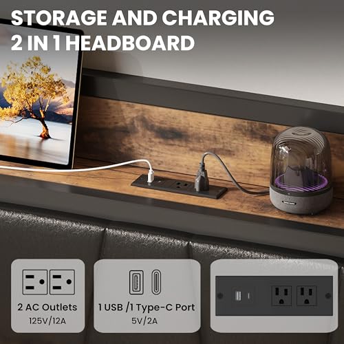 Image of LIKIMIO Twin Daybed, Day Bed with Trundle, Storage Upholstered Headboard and Charging Station, Trundle Bed with Strong Supports for Living Room, Bedroom, and Guest Room, Black