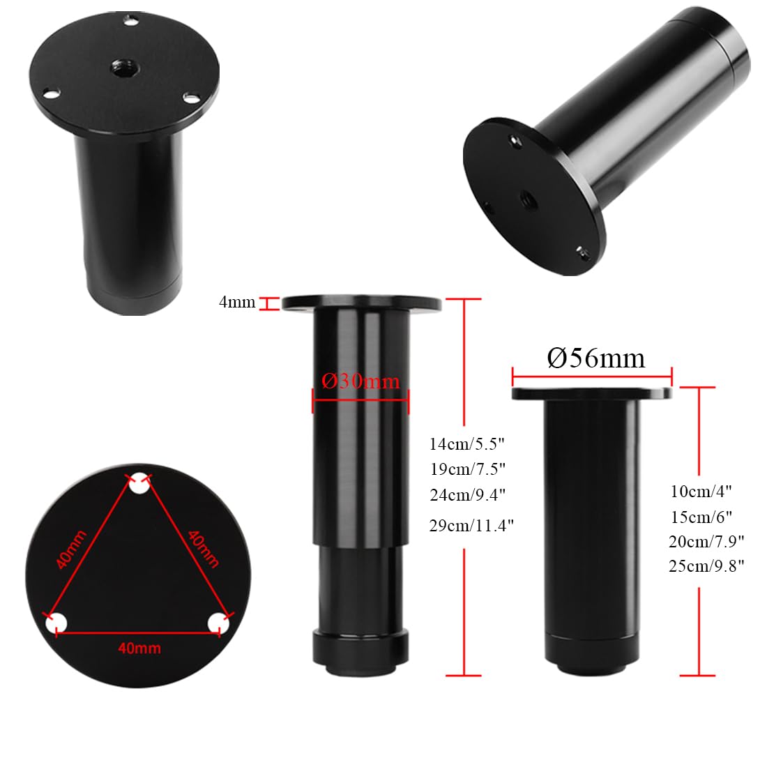 Gambe per mobili Rotonde Regolabili, Lega di Alluminio, Finitura Spazzolata, Altezza 8-30 cm, Set da 4 per tavolino/consolle, Viti Incluse, Supporto Robusto, Design Moderno