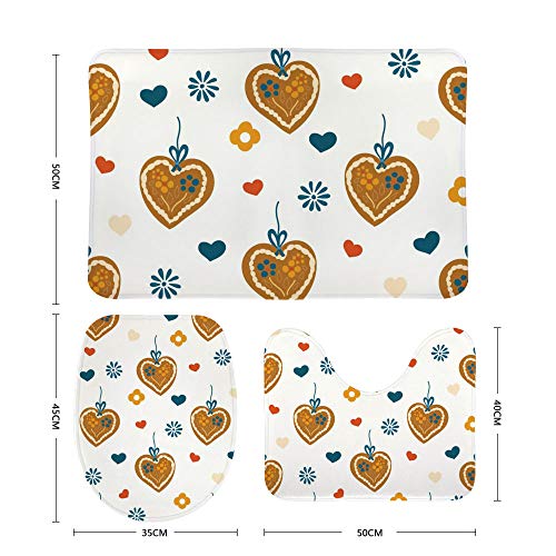 Conjunto de 3 tapetes de banheiro com estampa de coração, pão de gengibre para banheiro, tapete de b