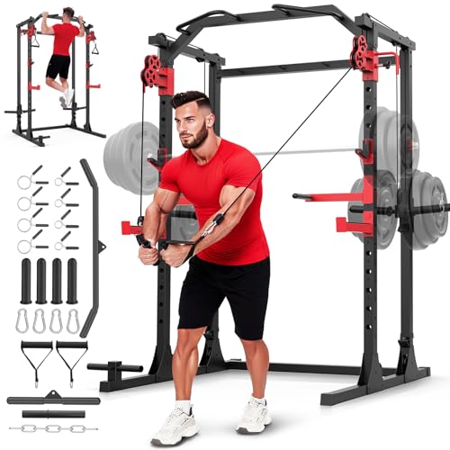 Image of OPPSDECOR Power Cage, 2000LBS Squat Rack with Dual Pulley Cable Crossover System, Multifunctional Power Rack with More Training Attachments for Home Gym, Weight Cage Fits Compact Space