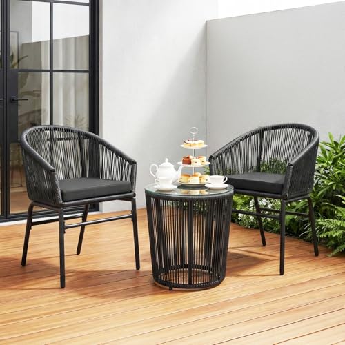 Image of DEVOKO Outdoor 3-Piece Rope Patio All-Weather Bistro Chair & Glass Top Tea Table for Balcony, Garden, Deck, Porch & Pool (Black & Black)