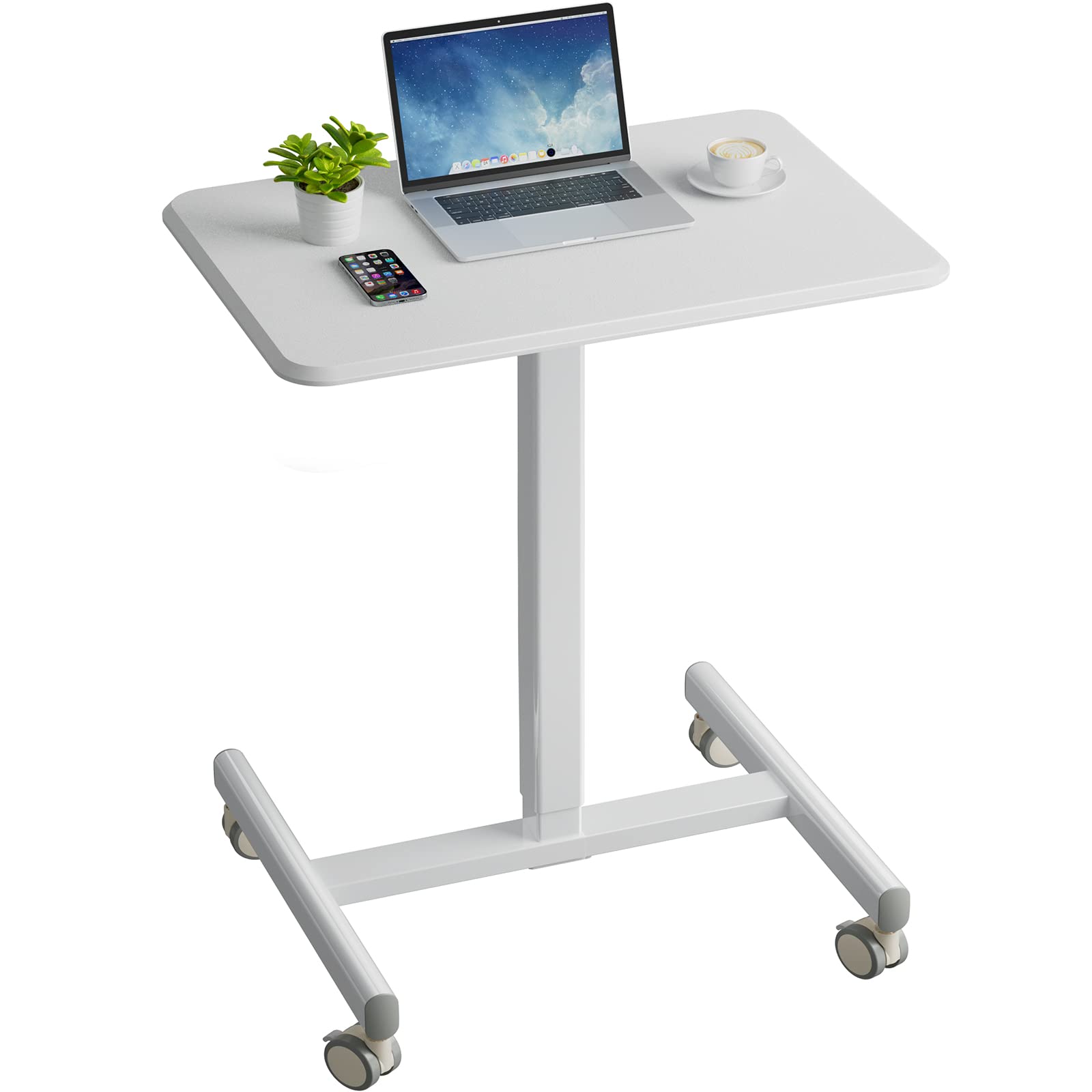 HUANUO 27.2 x 19 Inch Mobile Standing Desk Adjustable Height, Mobile Laptop Desk Support up to 55LBS, Standing Rolling Desk with Gas Spring, Computer Workstation with Wheels for Home and Office