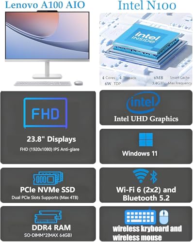 Image of Lenovo 24 inch All-in-One Desktop Computer • 4-core Intel N100 Processor • 32GB RAM • 1TB Storage (512GB SSD + 512GB External) • Office 365 for The Web • Wired Keyboard&Mouse • Windows 11