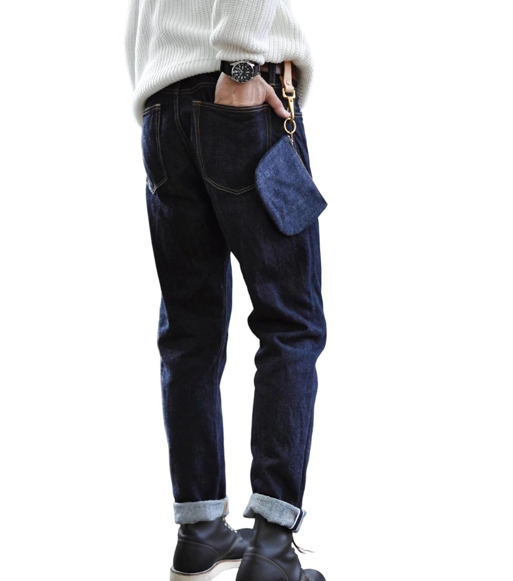 Mens Taper Fit Denim Unwashed Blue Heavyweight Motorcycle Style Straight Leg Jeans