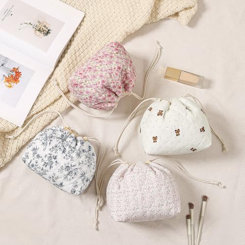 Small Cotton Quilted Drawstring Makeup Bag, Cute Coquette Cosmetic Bag with Canvas Lining, Aesthetic Travel Organized Toiletry Bags for Purse, Gift for Girls and women(02Samll Flower)3