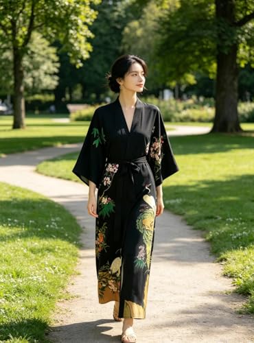 Image of Women's Classic 100% Silk Kimono Robe, Bathrobe-Printed Pattern