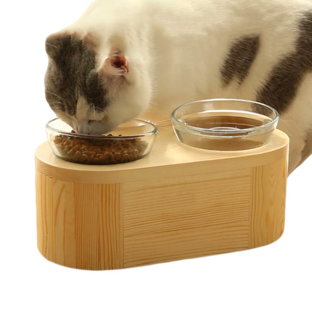 Gamelle en verre et bois ajustable pour le repas quotidien des chats et petits chiens