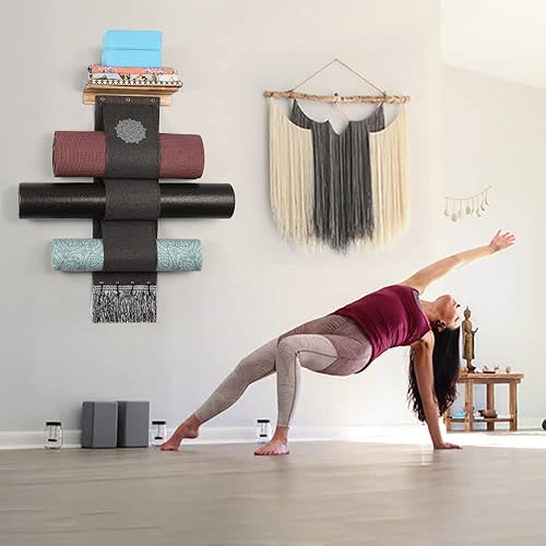 Miniatura 3 de VINAEMO Soporte para tapete de yoga, organizador de pared, organizador de almacenamiento, rodillo de espuma y toallero, con 4 ganchos y estantes de