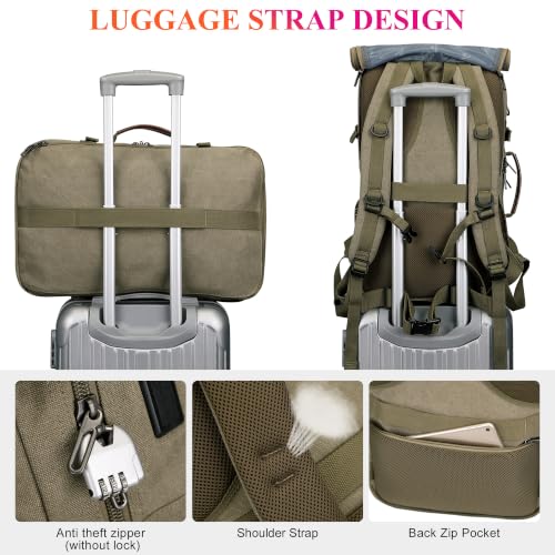 Image of WITZMAN Travel Backpack for Men 45L Large Carry-on Airline Approved | Canvas 3 in 1 Duffle Luggage Bag Fits 16 inch Laptop, Shoe Compartment, For Weekend Getaway, Overnight Trip, A8013 Army Green
