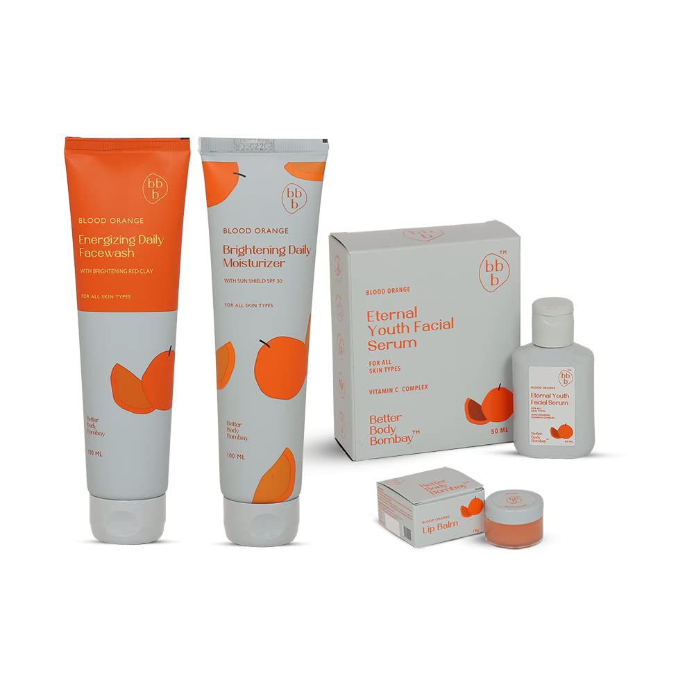 Energizing Face Care Pack | Blood Orange Eternal Youth Serum 50ml, Daily Face Wash 100ml, Lip Balm 10g & Brightening Moisturizer 100ml | Natural, Organic, Travel Size | All Skin Types