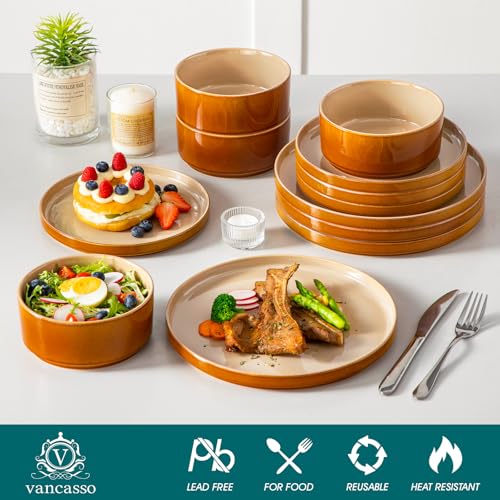 Image of vancasso ONION Ceramic Plates and Bowls Sets, 12 Pieces Brown Dinnerware Sets for Kitchen, Reactive Glaze Dishes Set for 4, Dishwasher and Microwave Safe