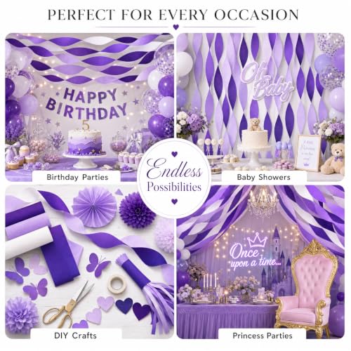 Image of 8 Purple Streamers with White, 656ft Pack of Crepe Paper Party Decorations | Each roll is 82 ft long and 1.8 Inch wide ideal for Birthday Party Decor, Baby showers and Princess Parties