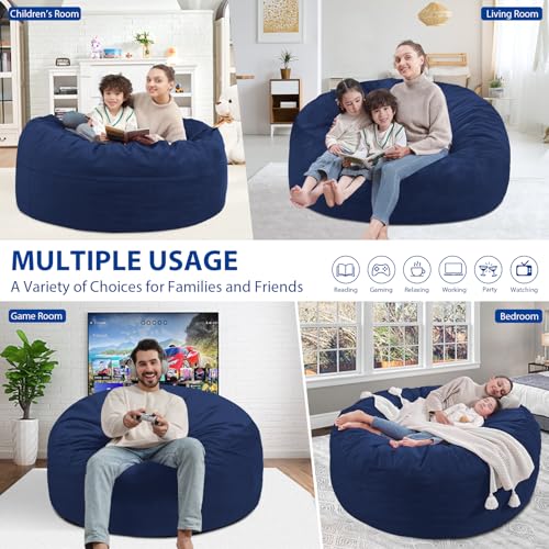 3FT Bean Bag Chair, Comfy Bean Bag Chairs with Memory Foam Filled, Fluffy Beanbag Sofa with Dutch Velvet Cover, Round BeanBag Chairs for Living Room, Playroom - Blue