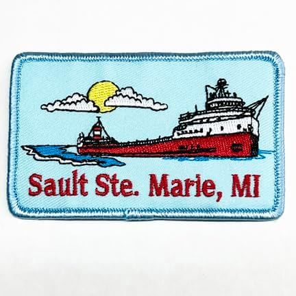 Sault Ste. Marie Michigan Embroidered Patch, Ship with Sun and Clouds, Lake Design
