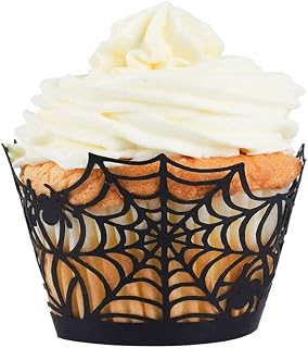 Cupcake Wrappers, Giveme5 Pack of 50 Halloween Party Spiderweb Laser Cut Paper Cupcake Wrappers Wraps Liners Black (50 Pack)