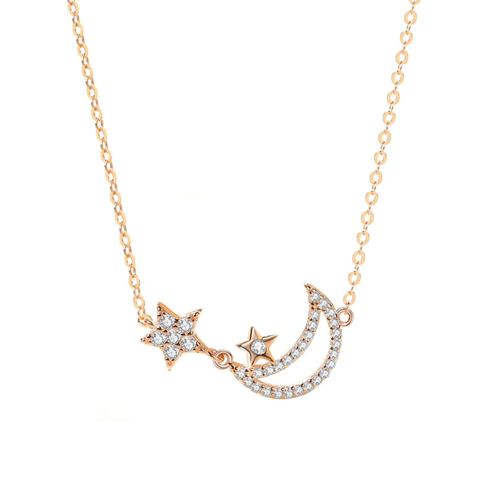 Anhänger Halskette 9K/14K/18K Gold, Roségold Halsketten Mond Stern mit Moissanit Damen Braut Halskette 40+5cm