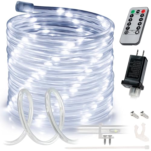 WYZworks 50ft Cool White LED Rope Light, 8 Modes Waterproof Outdoor Accent Lighting w/Remote, Flexible Clear Tube, ETL Certified, Garden, Patio, Backyard, Holiday Christmas Palm Tree Ambient Décor