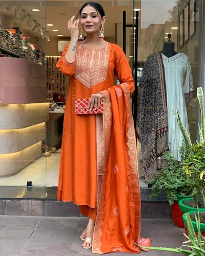Image of Shiv Textiles Women's Chanderi Silk Embroidered Kurta Pant Dupatta Set(JDA-KRITVA-ORANGE-2XL)