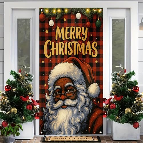 Image of BlissYard Christmas Door Cover Santa Glasses 35x71 Inch Polyester