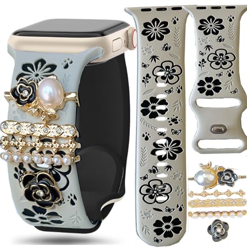 Floral Pink Silicone Engraved Band with Charms Compatible Apple Watch Women 38mm 40mm 41mm 42mm 44mm 45mm 46mm 49mm,Jullstar Butterfly Summer Flower Strap Grey Starlight for iphone Watch Series Ultra 11 10 9 8 7 6 5 4 SE 3 2 1-hua black42