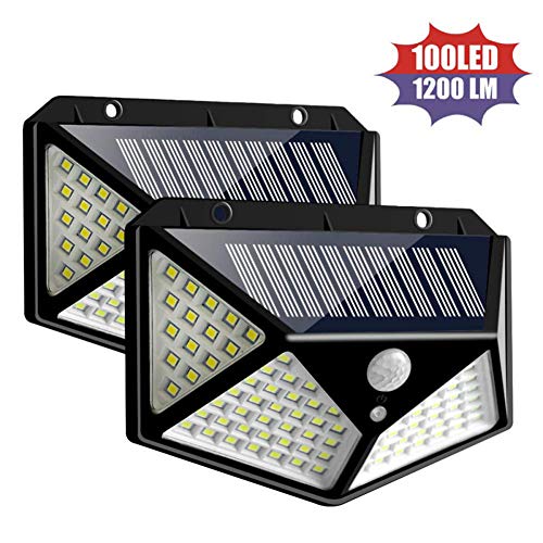 GULEHAY 100 LED Luces Solares Exterior, luces de seguridad con sensor de movimiento a prueba de agua con 3 modos de iluminación, luces de pared de 270º Luces con energía solar (1 PCS) (2 PCS)