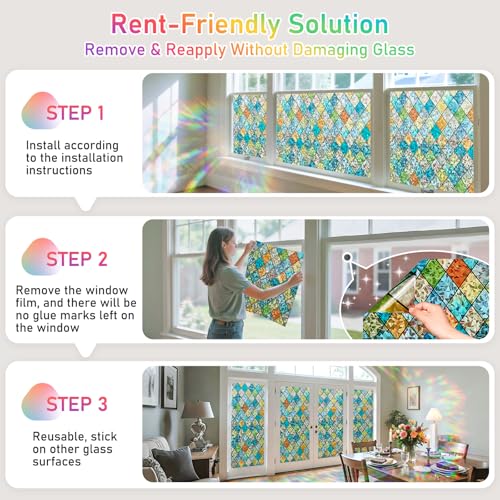 Image of Sunbaby Window Privacy Film Stained Glass Decorative Rainbow Window Cling 3D Static Clings Colorful for Home Decoration, Anti-UV & Heat Control Non-Adhesive (17.5 inchx118 inch)