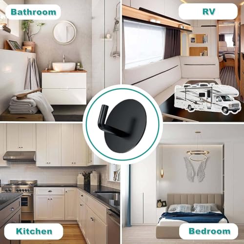 Image of JD FRESH 4 Pcs Self-Adhesive Stainless-Steel Wall Hooks for Hanging /Heavy Duty Waterproof Wall Hangers /Without Drill Sticky Hooks for Kitchen, Bathroom, Door and Office (J-Hook, Black-Round)