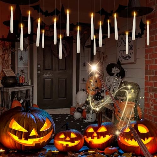 Image of Floating Candles with Magic Wand Remote, 12 Pack LED Taper Candles Flickering Warm Light, Hanging Candles with 12 Hooks, Fishing Line & Glue Dots, Halloween Christmas Decorations for Home Party