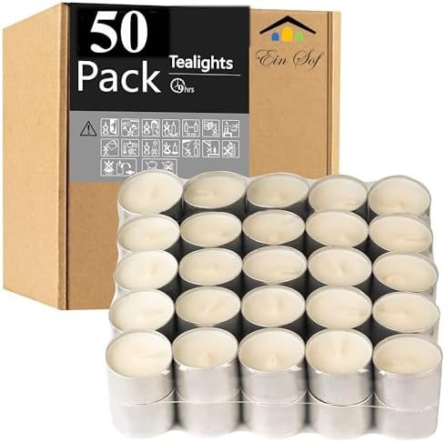 Ein Sof Jumbo Tealight Candles (Pack of 50) - 9 Hour Long Burn Time - Unscented, Smokeless & Dripless Pure Wax - White Tea Lights for Home Decor, Diwali, Spa Emergency & Blackout