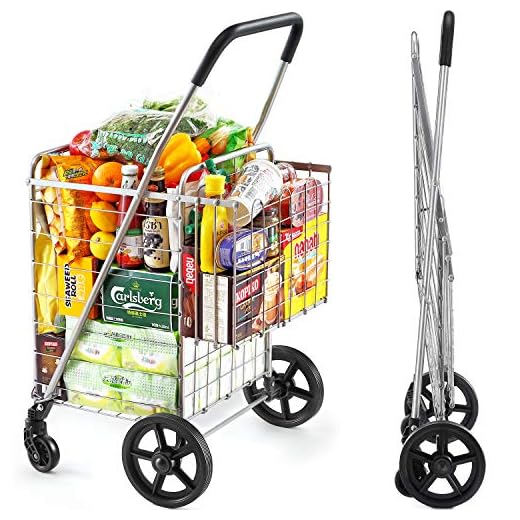 Wellmax Shopping Cart with Wheels, Metal Grocery Cart with Wheels, Shopping Carts for Groceries, Folding Cart for Convenient Storage and Holds Up to 66lbs, Dual Swivel Wheels and Extra Basket, Silver