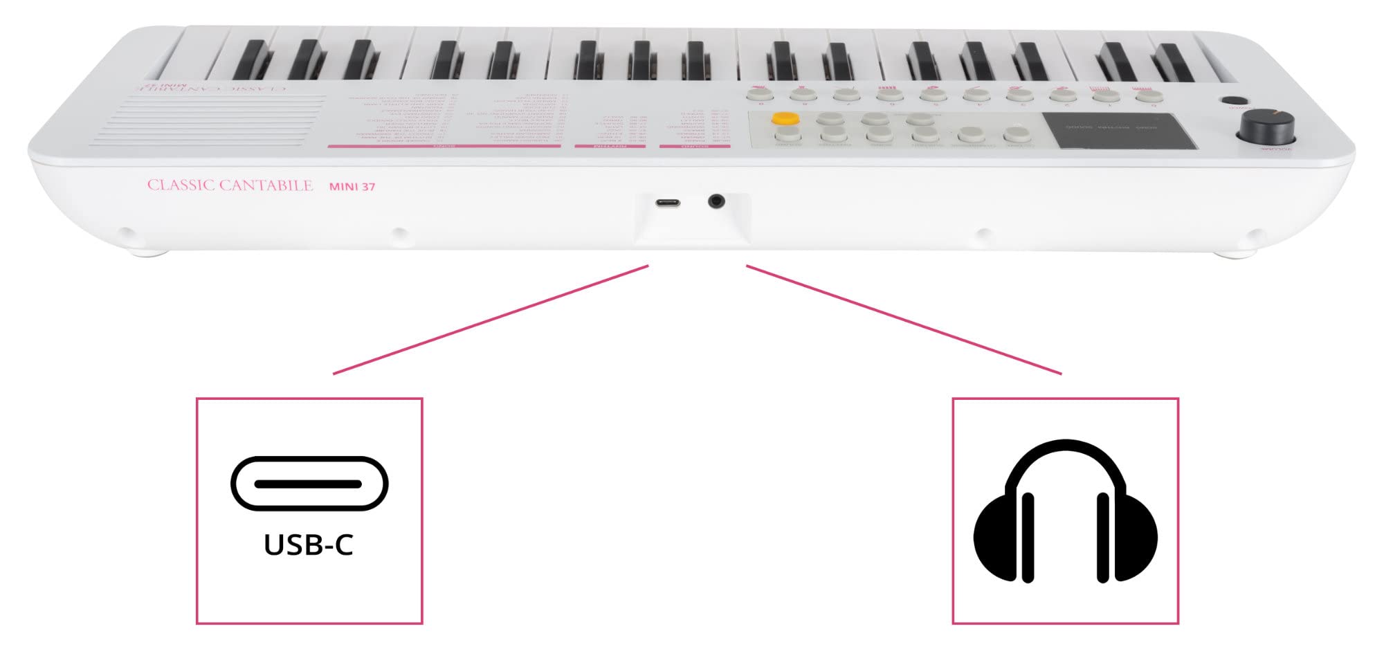 Classic Cantabile MINI-37 Keyboard - 37 Mini-Tasten - Stromversorgung über USB-C oder Batterien - 100 Sounds und Rhythmen - USB-MIDI - Lautsprecher und Kopfhörerausgang - weiß-pink