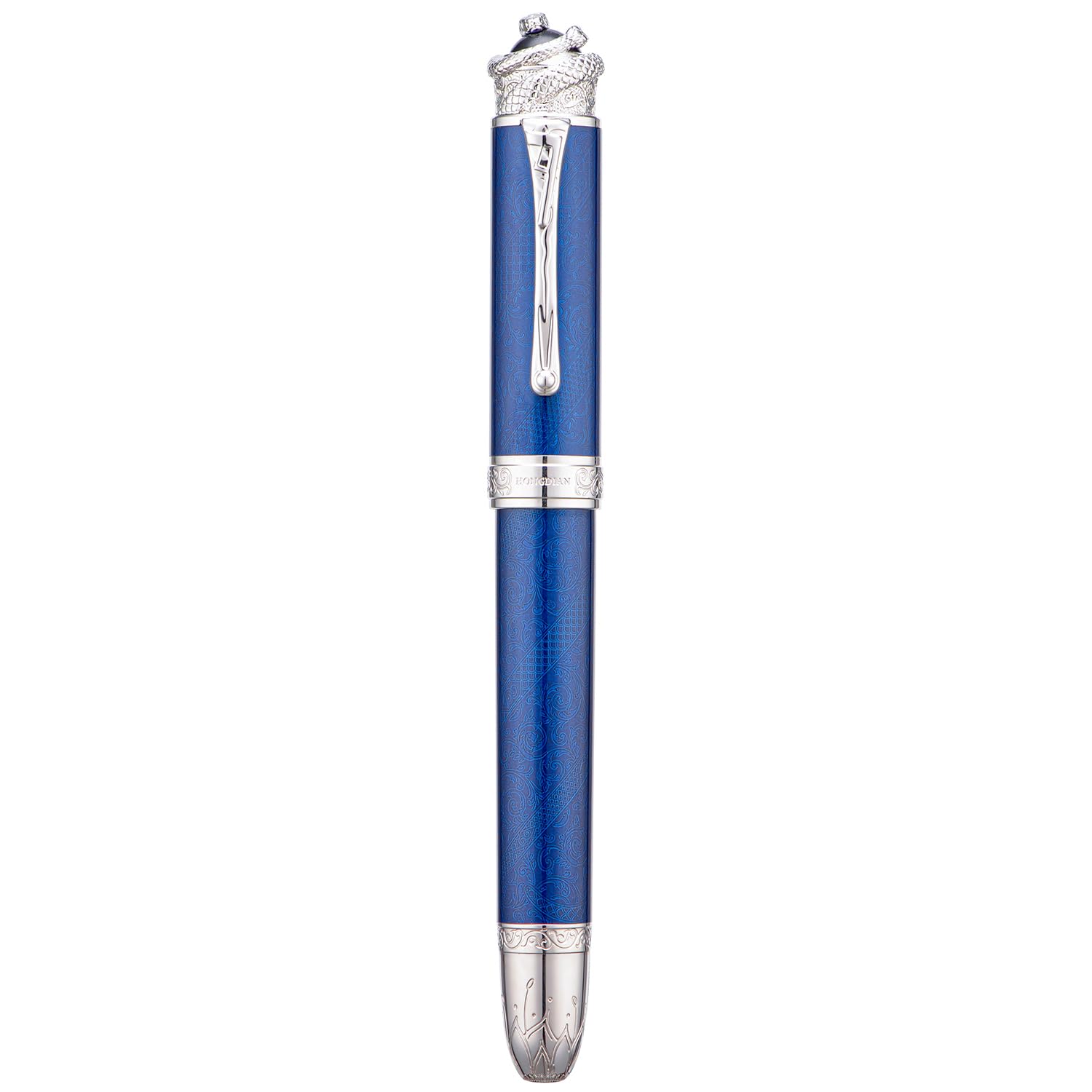 HONG DIAN N25 Piston Fountain Pen, Extra Fine Nib Snake Stereoscopic Carving Design with Metal Case Set (Ocean Blue)