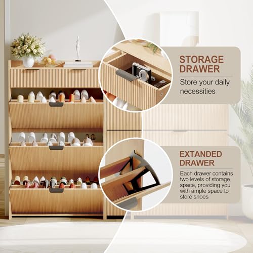 GarveeHome Wave Design Shoe Cabinet with 3 Slip Drawers, 2 Drawers, Raised Edges, Fluted Shoe Cabinet, Slim Hidden Shoe Organizer, Wooden Shoe Storage for Entryway, Front Door, Living Room, Wood