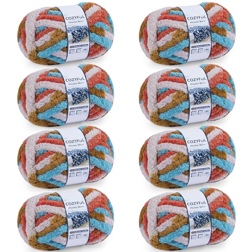 Image of Cozyful Chunky Yarn for Hand Knitting - #10 Chunky Chenille Blanket Yarn, Jumbo Big Thick Chunky Yarns for Crocheting, Tie Dye Bulky Knit Yarns, 8 Skein (20 yds 8 oz Each Skein), Orange&Mustard&Beige