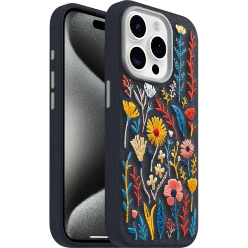 Image of OtterBox iPhone 15 Pro Symmetry Series Cactus Leather Embroidery for MagSafe - Enchanted Garden Blue