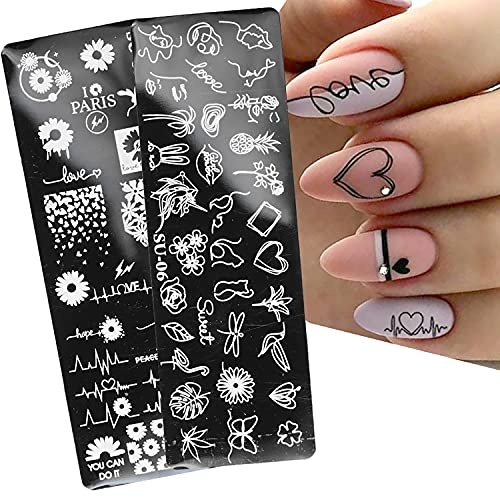 8Pcs Nail Stamping Plate +1 Stamper +1 Scraper Daisies, Leaves, Letters, Lines, Lips, Flowers, Skeletons And Spring, Summer, Autumn And Winter Elements Design Nail Stamp Plates Set Nail Supplies #TOP4