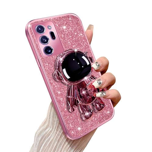 Annyojo Shiny Astronaut Phone Case for Note 20 Ultra Case - Sparkle Glitter Case for Women Girls with 6D Hidden Kickstand, Bling Electroplated Bumper, Soft TPU Protective Cover (Rose Gold Pink)