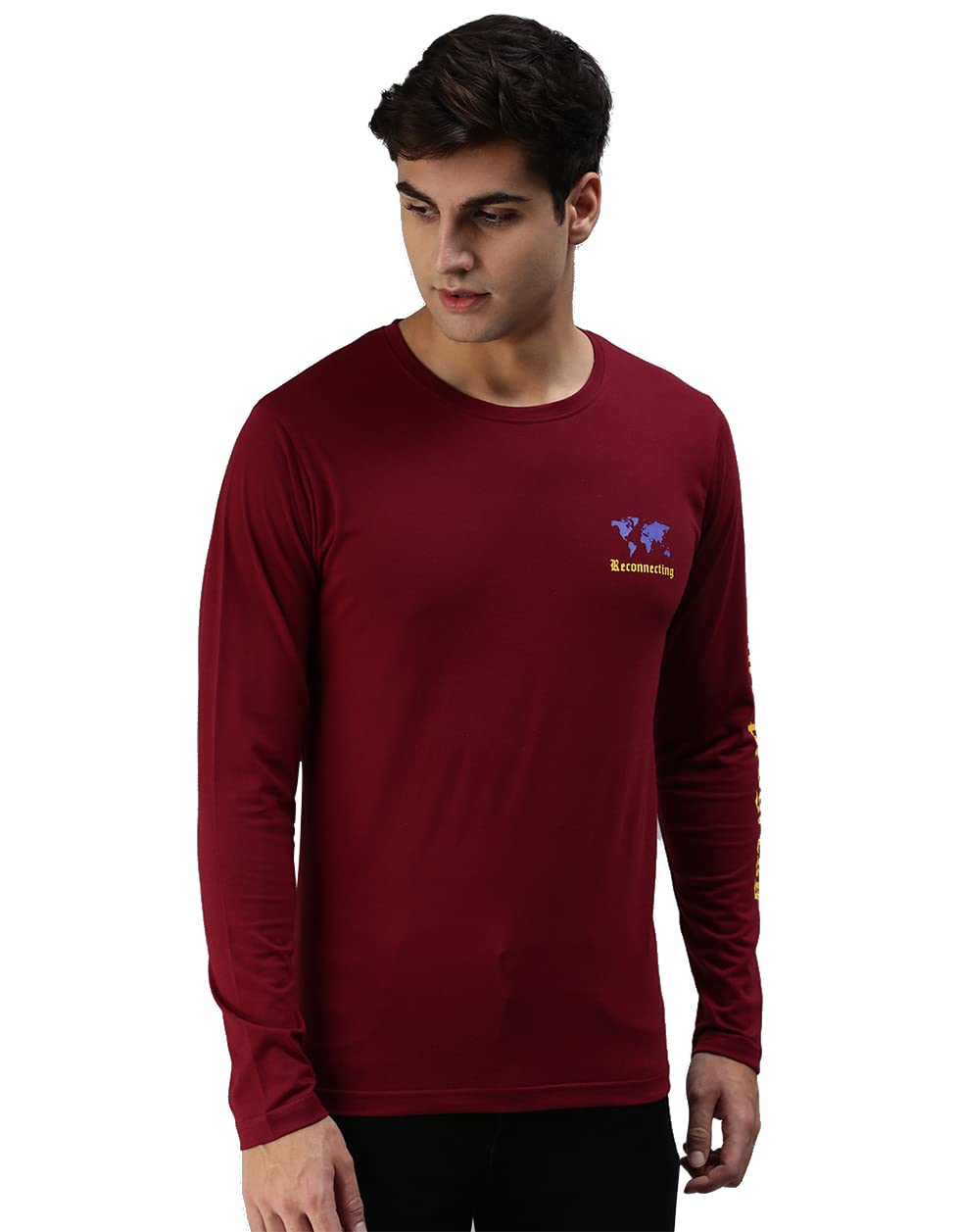 Pure Cotton Full Sleeves Round Neck Cool & Stylish Typgraphy Maroon Printed T-Shirt for Men (L)