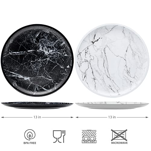 Bzyoo Bpa-Free Dishwasher Safe 100% Melamine Plastic 13 Inch Round Marble Platter Food Serving Tray For Casual Dining Indoor And Outdoor Dining Party Cocktails (Set Of 2, Black & White) #TOP5
