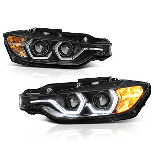 VIPMOTOZ Truly Bright Series LED Halo Ring Black Housing Quad Projector Headlight Headlamp Assembly For 2012-2015 BMW 3-Series F30 Pre-LCI Sedan Halogen Model, Driver & Passenger Side