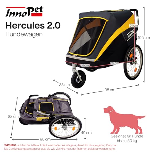 Großer Hundewagen - Innopet Hercules 2.0 Gelb/Grau - Heavy Duty Buggy Rahmen bis 50kg belastbar -inkl. Regenschutz - hintere 45cm Luftreifen/vorne pannensicheres EFA Rad - ohne Werkzeug aufzubauen