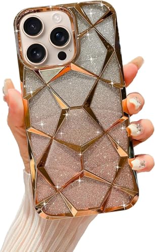 Image of VONZEE Luxury Gradient Glitter Case Compatible with iPhone 16 Pro Max, Electroplated Cube Design, Sparkling Diamond Bling Clear Back, Soft TPU Shockproof Protective Cover for Women & Girls (Gold)