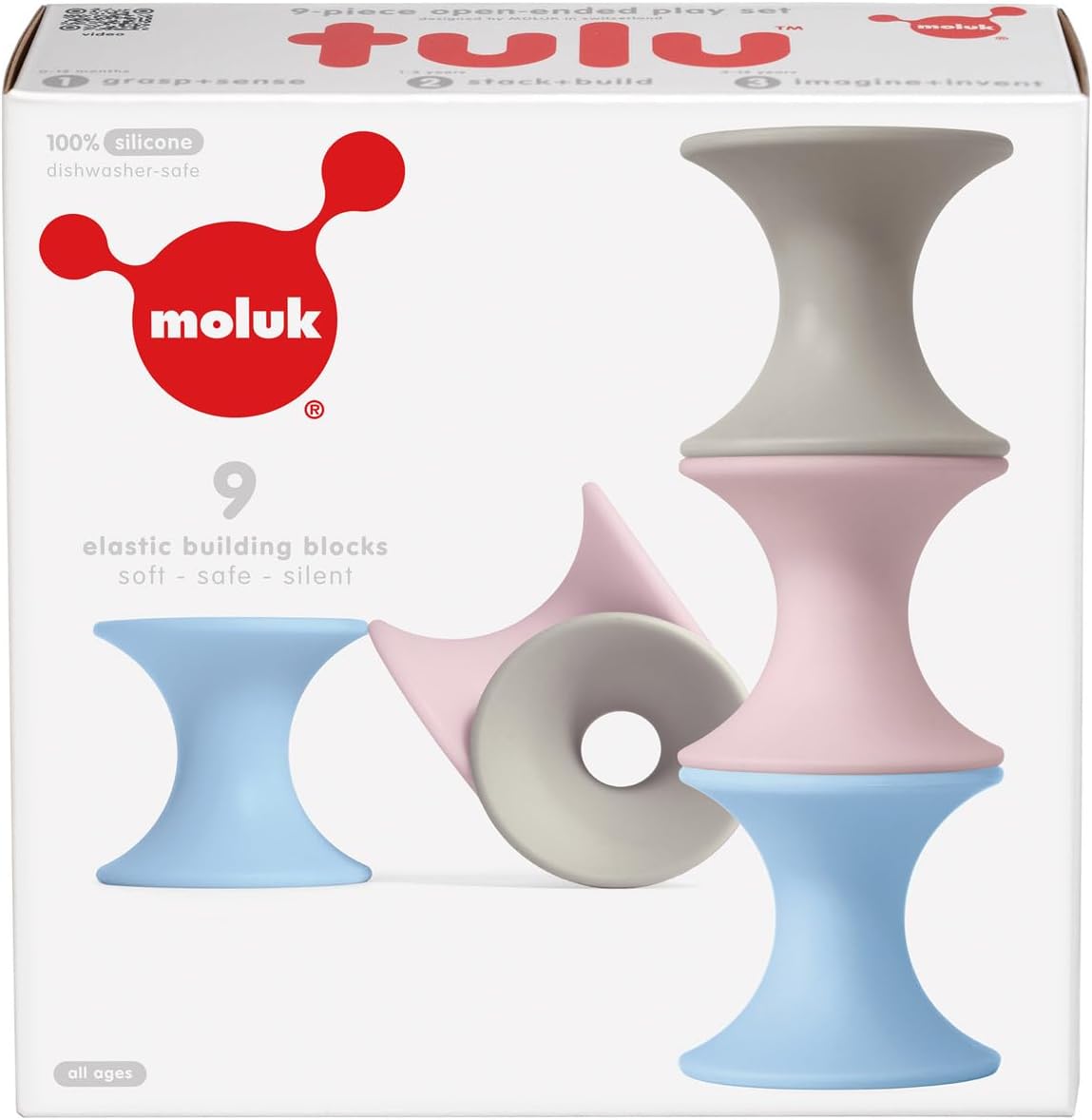 MOLUK 2843418 Tulu Elastic Building Blocks Made of Soft Silicone, Motor Skills Toy for Babies and Children from 0+ Months, 9 Pieces, Pastel