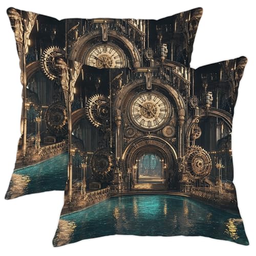 Industrial Steampunk Pillow Covers Set of 2, Vintage Clock Gears Throw Pillows Case, Retro Decorative Square Home Decor Cushion Covers for Living Room Sofa Bed Couch 20x20 Inch