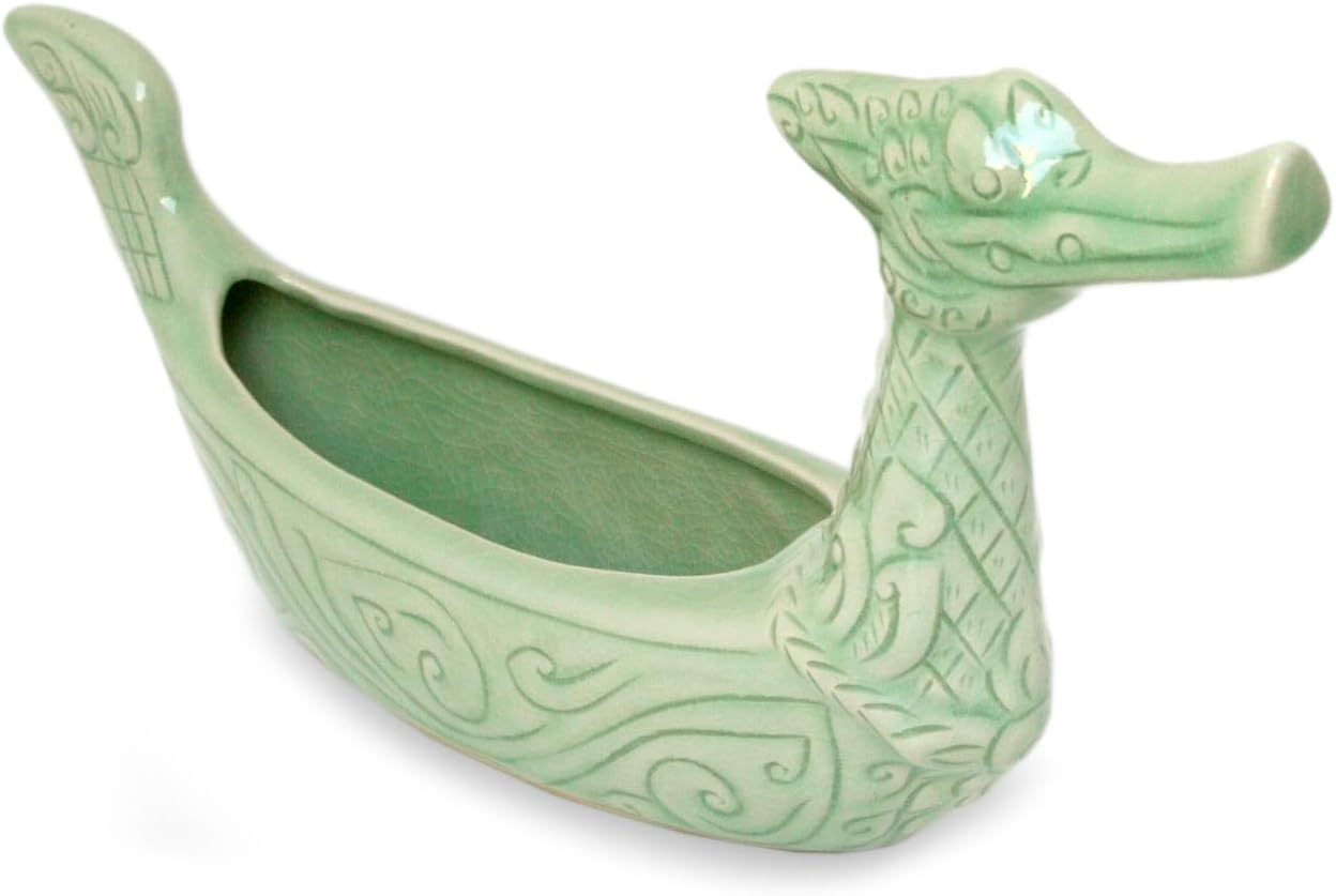 NOVICA Decorative Celadon Ceramic Vase, Green, 'Thai Swan'