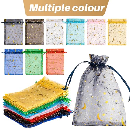 Image of Sukh 100pcs Organza Bags 4 inchx6 inch - Moon Star Small Gift Bags Bulk Party Favor Mesh Bags Drawstring Goodie Wrap Pouch Bags Candy Jewelry Sachet Bracelet Fruit Protection Bags Wedding Halloween Christmas