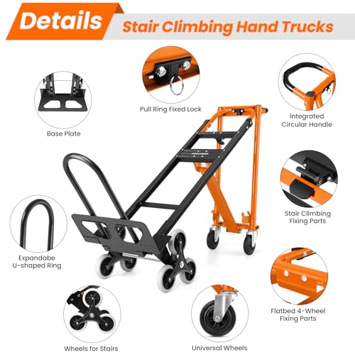 Image of Heavy Duty Stair Climbing Hand Truck - 1000 LBS Capacity 4-in-1 Convertible Dolly Cart, Foldable Platform Utility Cart for Moving Boxes, Industrial Grade Steel Construction(Orange)