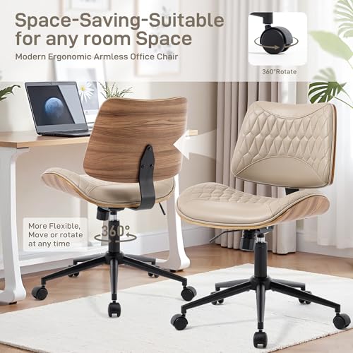 Image of Office Chair No Arms with Wheels, PU Leather Adjustable Height Small Desk Chair, Modern Mid Back Swivel Rolling Armless Computer Task Chair for Home Office, Meeting Room, Study, Khaki